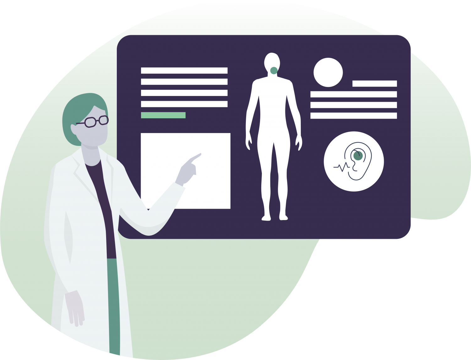 Illustrated Dr pointing at health diagnostics