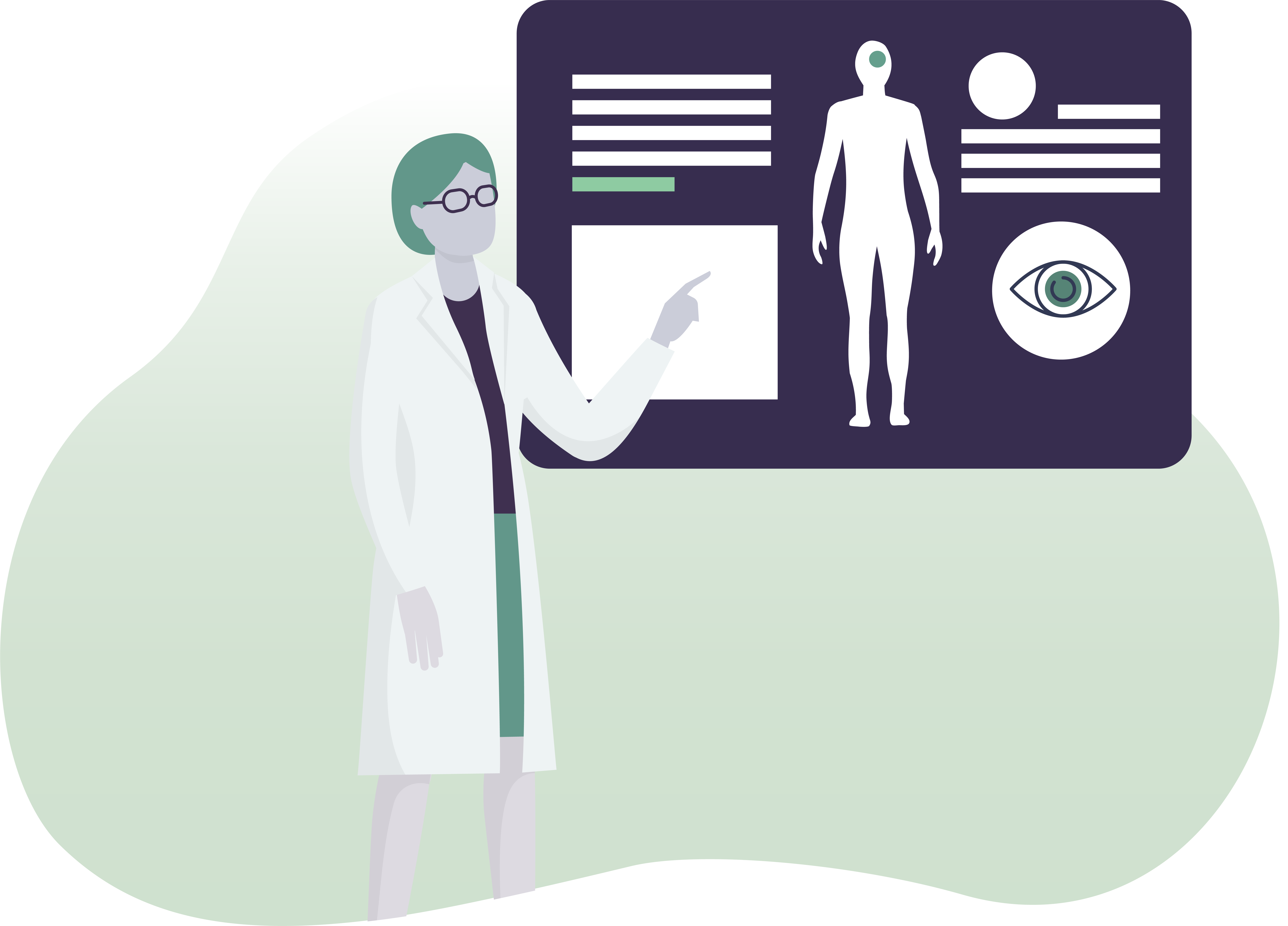 Illustrated Dr pointing at health diagnostics