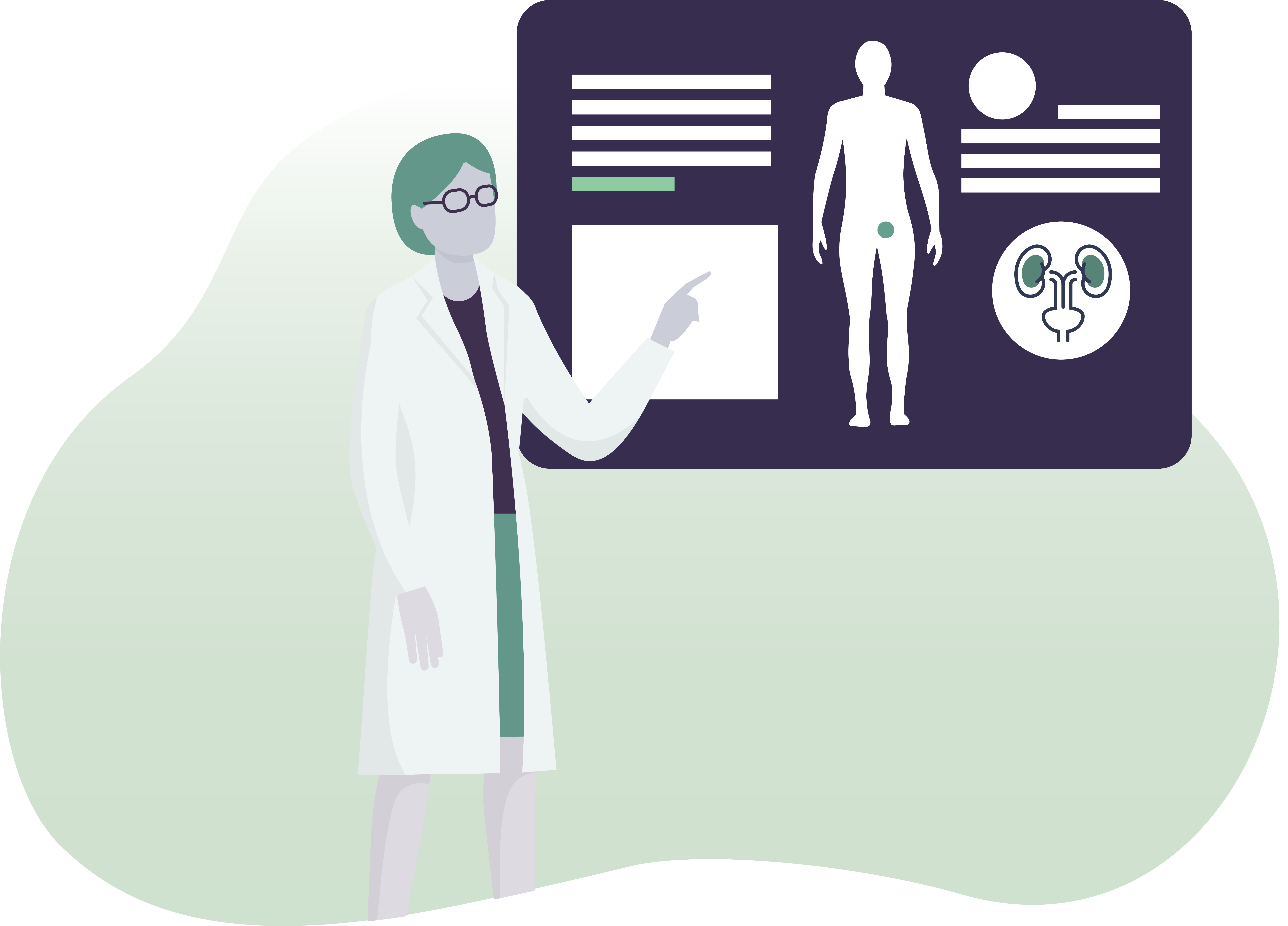 Illustrated Dr pointing at health diagnostics